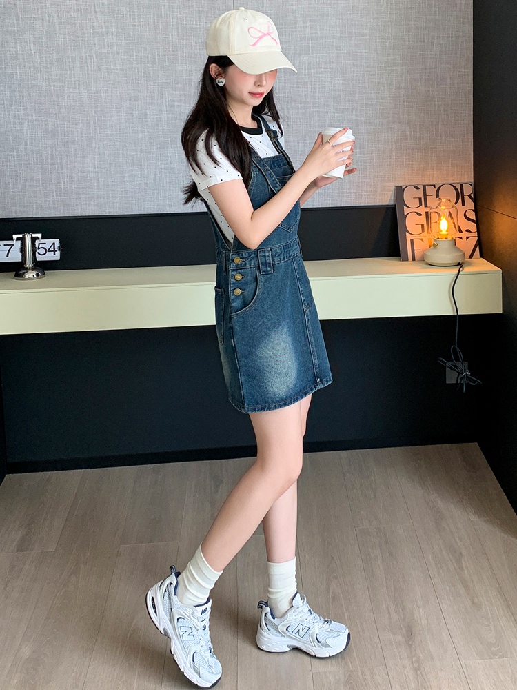 Retro short denim strap dress summer slim American style dress