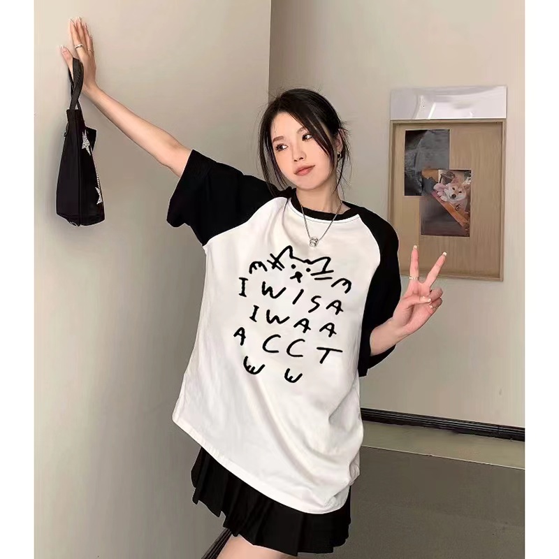 Printing summer slim loose raglan T-shirt