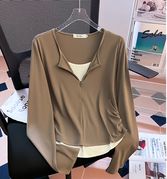 Pinched waist long sleeve T-shirt Pseudo-two bottoming shirt