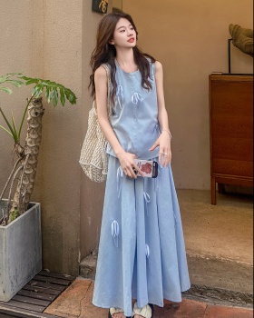 Sleeveless blue fashionable bow France style skirt 2pcs set