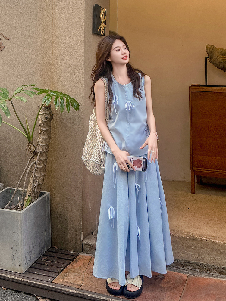 Sleeveless blue fashionable bow France style skirt 2pcs set