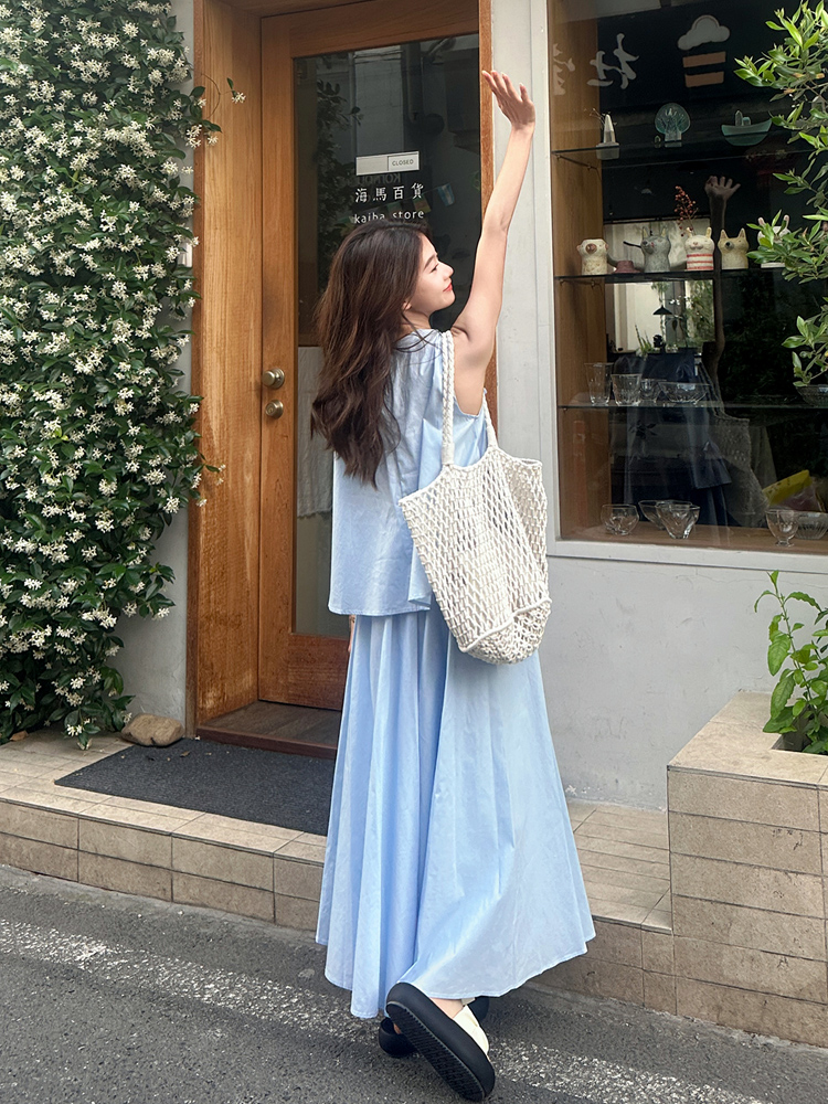 Sleeveless blue fashionable bow France style skirt 2pcs set