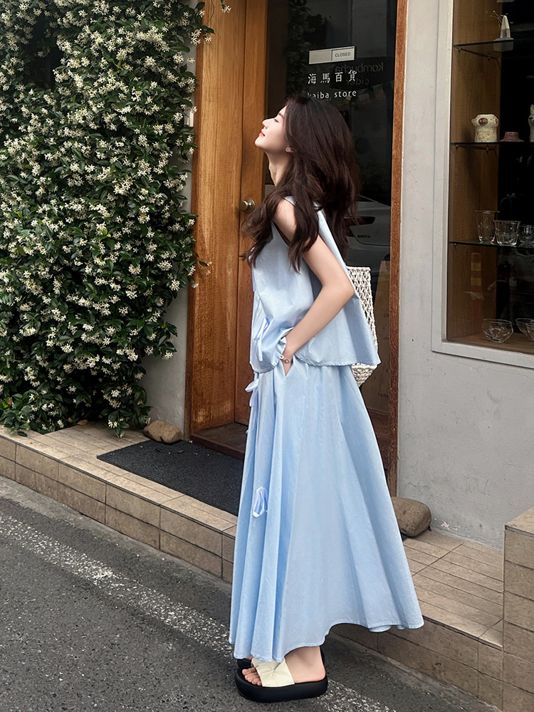 Sleeveless blue fashionable bow France style skirt 2pcs set