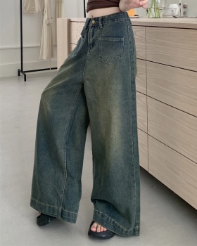 Retro wide leg long pants straight mopping jeans for women