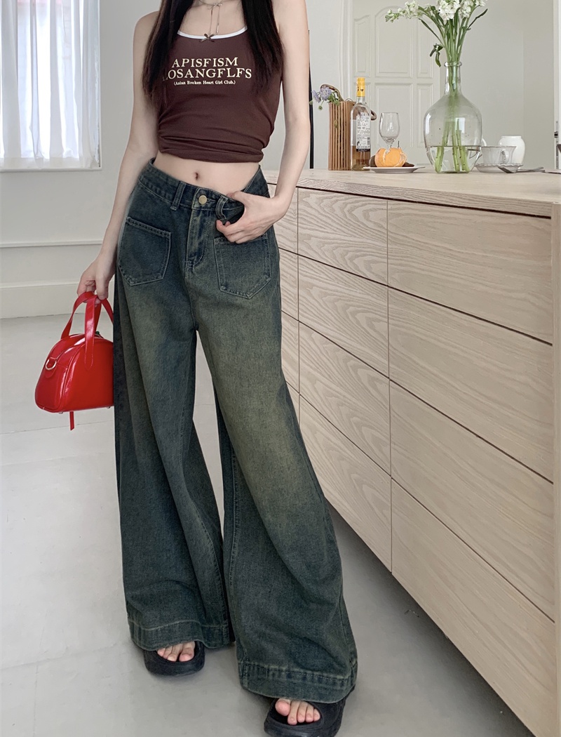 Retro wide leg long pants straight mopping jeans for women