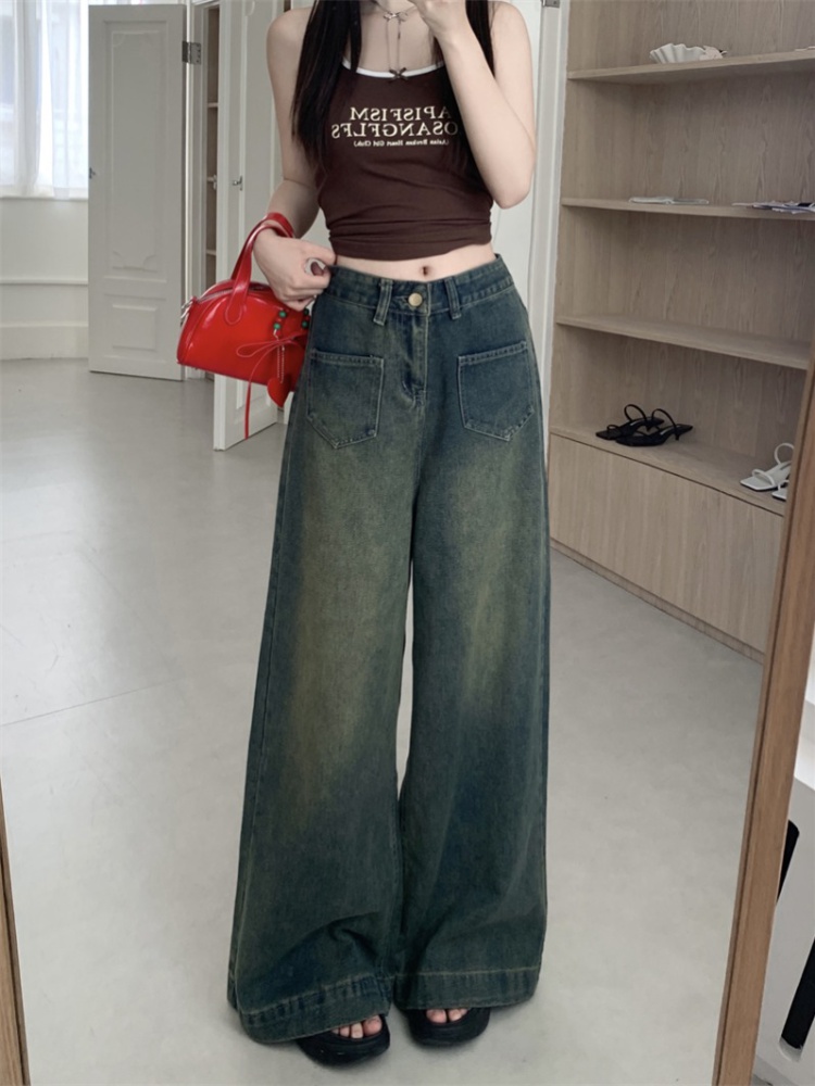 Retro wide leg long pants straight mopping jeans for women