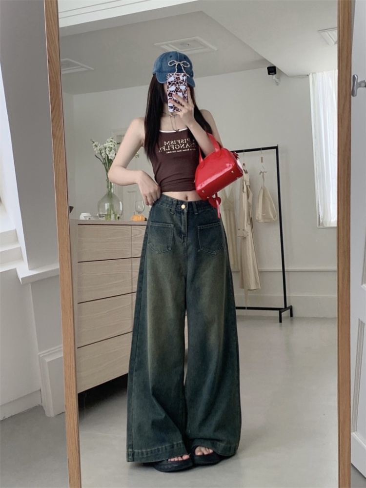 Retro wide leg long pants straight mopping jeans for women