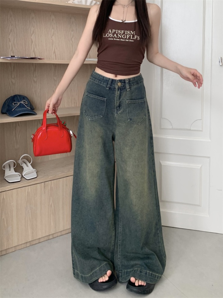 Retro wide leg long pants straight mopping jeans for women