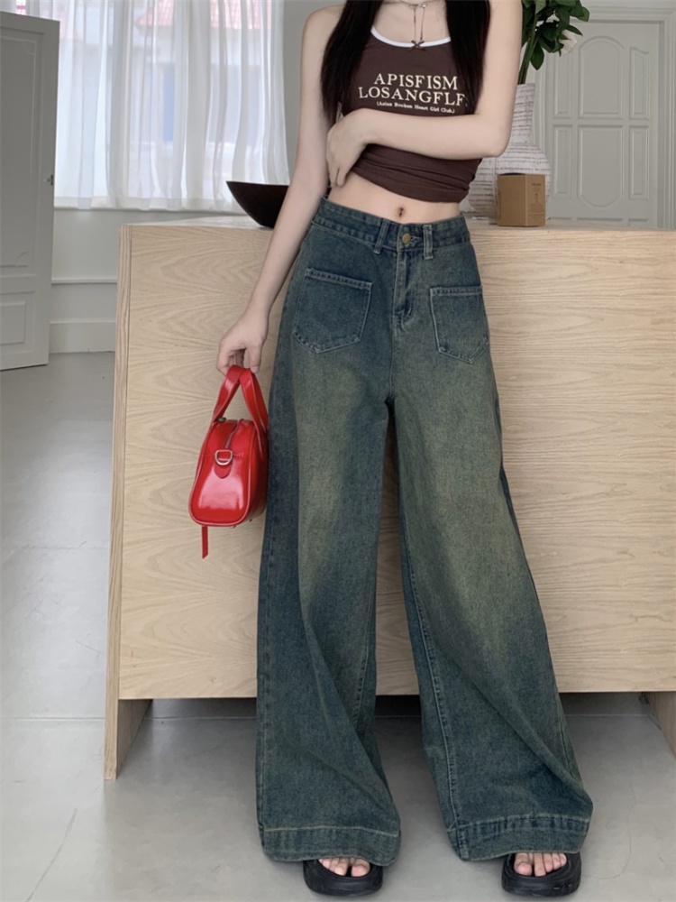 Retro wide leg long pants straight mopping jeans for women