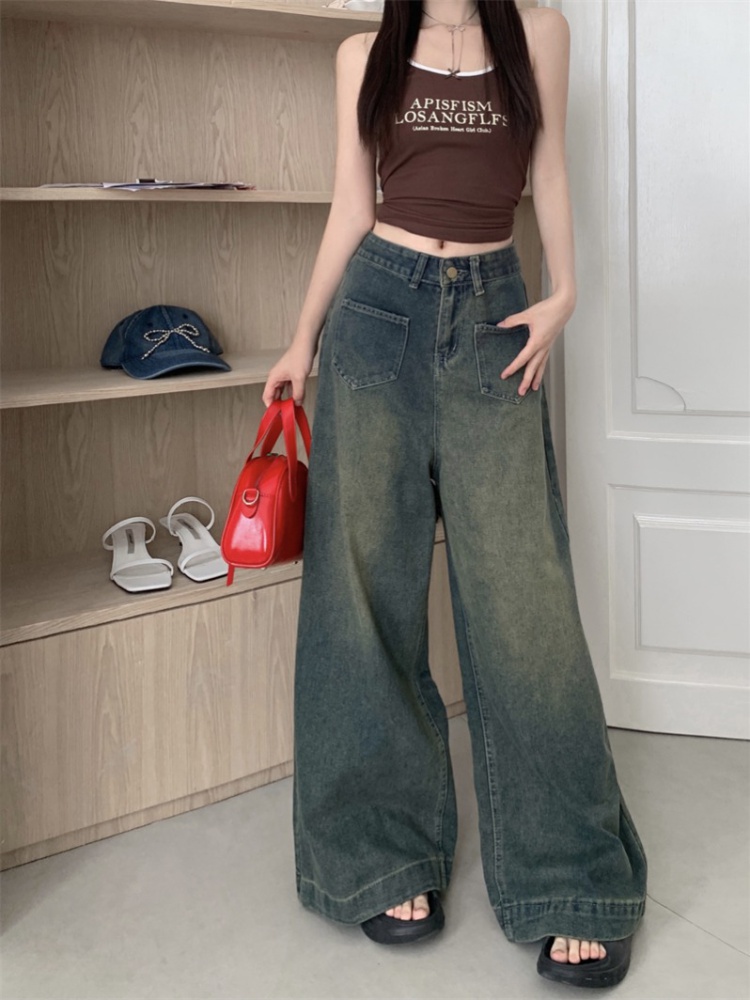 Retro wide leg long pants straight mopping jeans for women