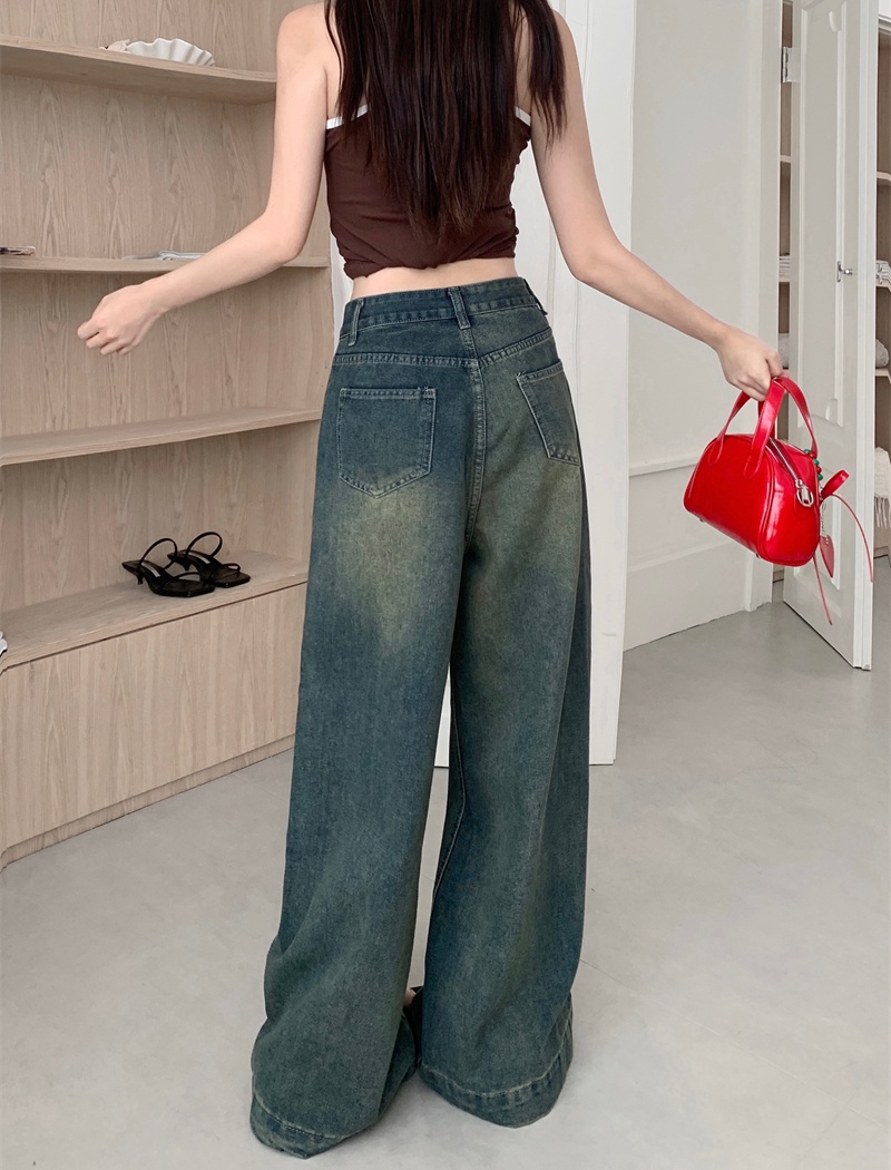 Retro wide leg long pants straight mopping jeans for women