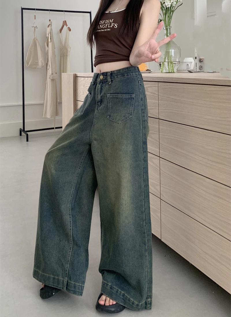 Retro wide leg long pants straight mopping jeans for women