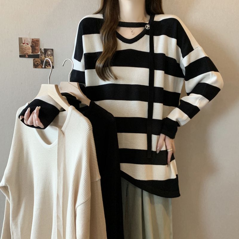 Fat autumn V-neck irregular hem long sleeve knitted tops