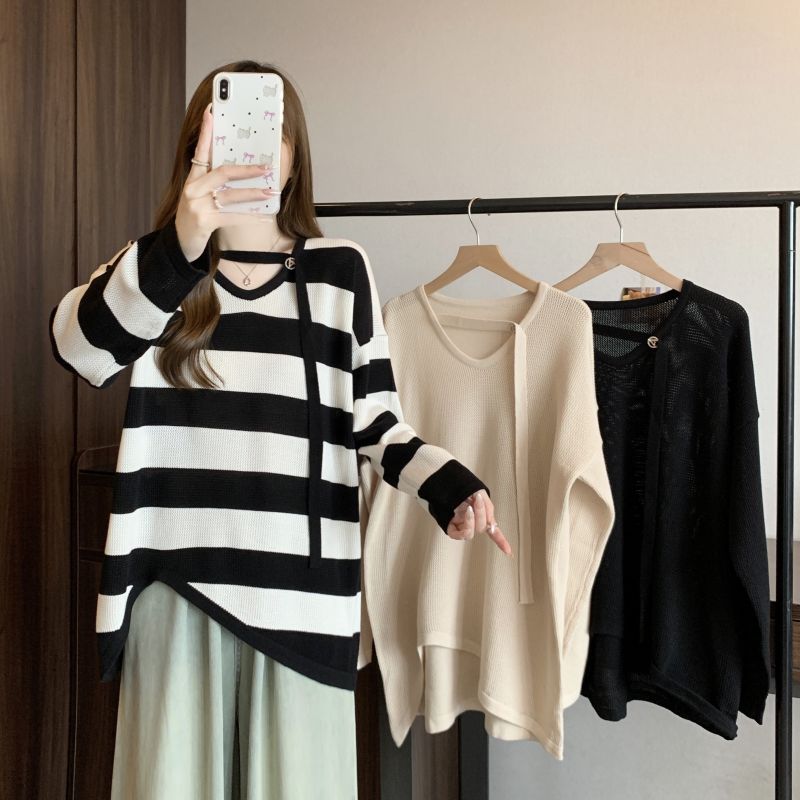 Fat autumn V-neck irregular hem long sleeve knitted tops