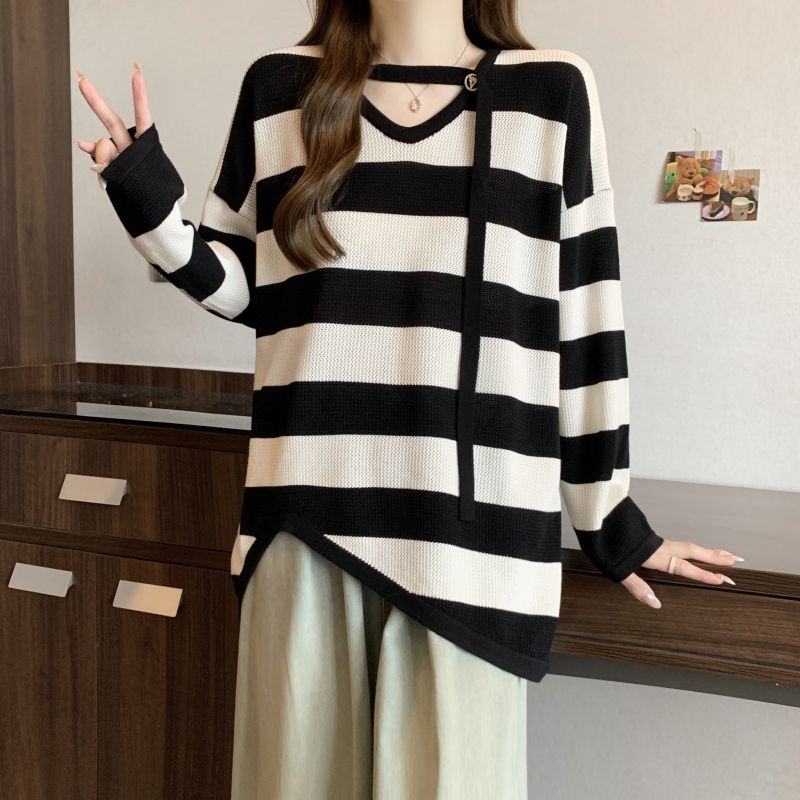 Fat autumn V-neck irregular hem long sleeve knitted tops