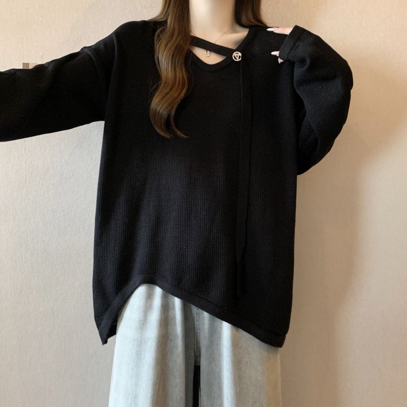 Fat autumn V-neck irregular hem long sleeve knitted tops