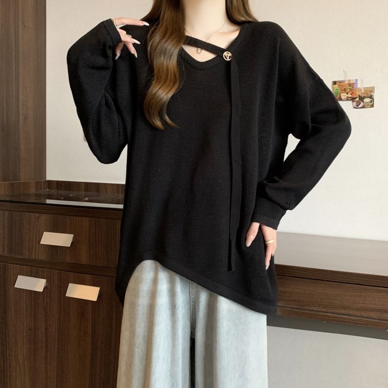 Fat autumn V-neck irregular hem long sleeve knitted tops