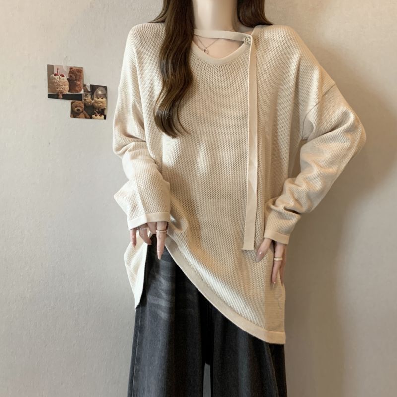 Fat autumn V-neck irregular hem long sleeve knitted tops