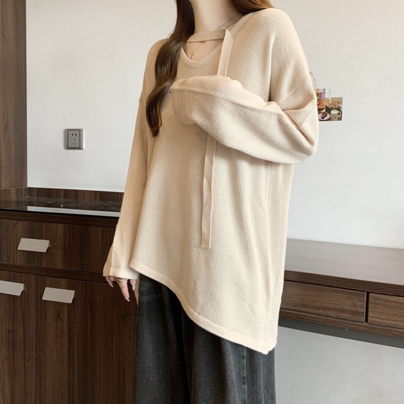 Fat autumn V-neck irregular hem long sleeve knitted tops