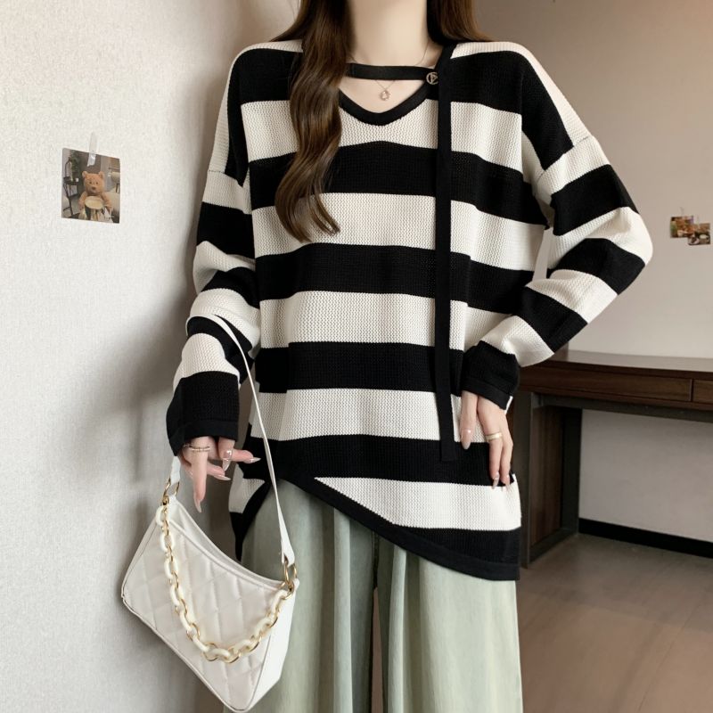 Fat autumn V-neck irregular hem long sleeve knitted tops