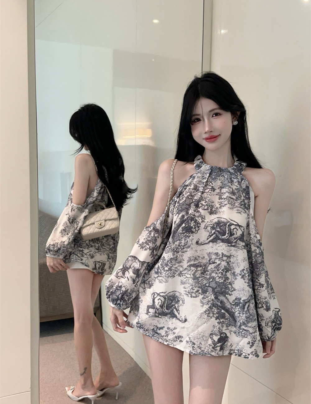 A-line strapless printing dress halter embroidery shirt