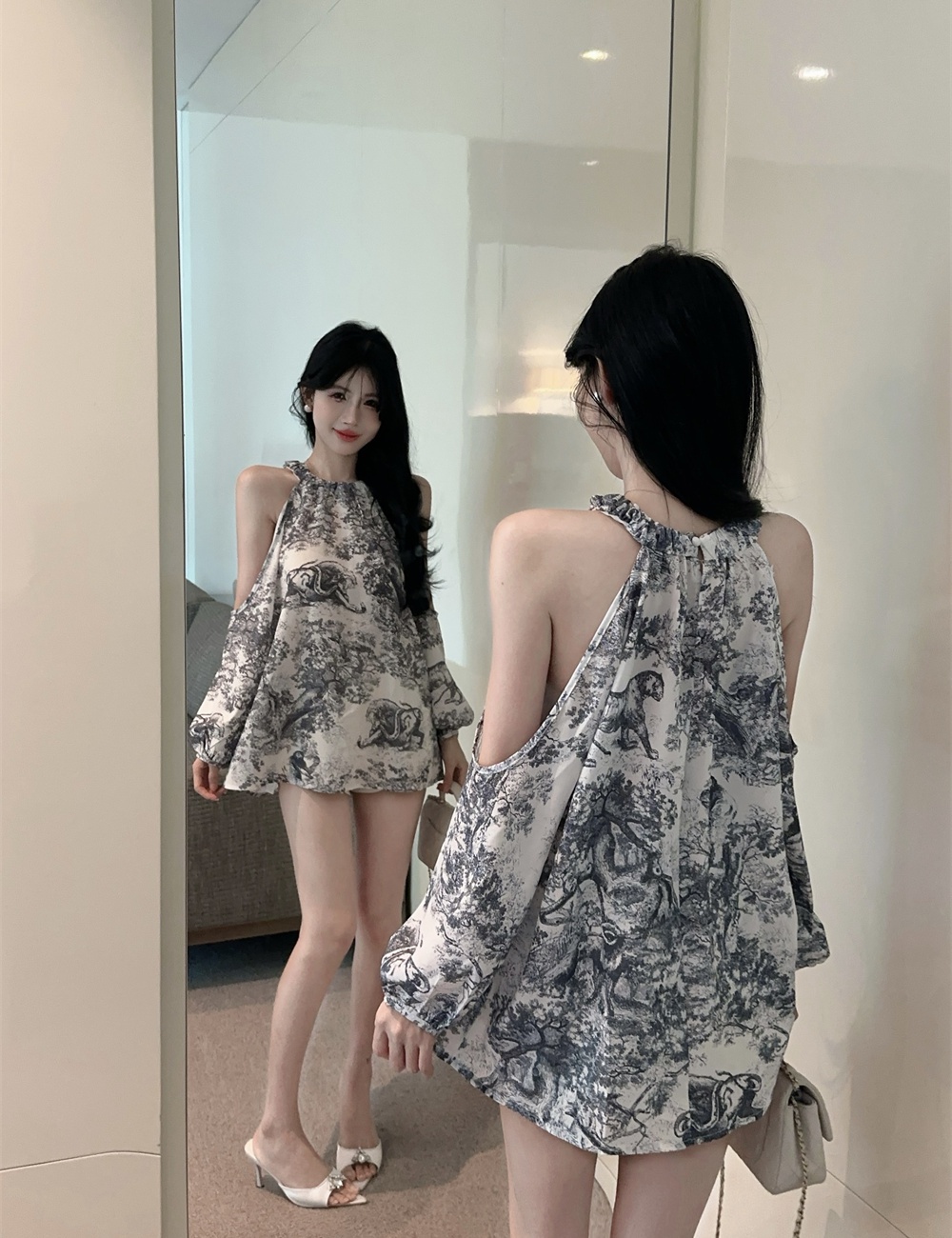 A-line strapless printing dress halter embroidery shirt