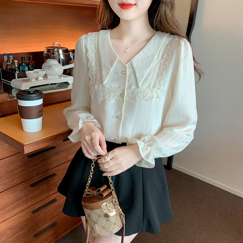 Autumn bottoming shirt pointed collar France style tops