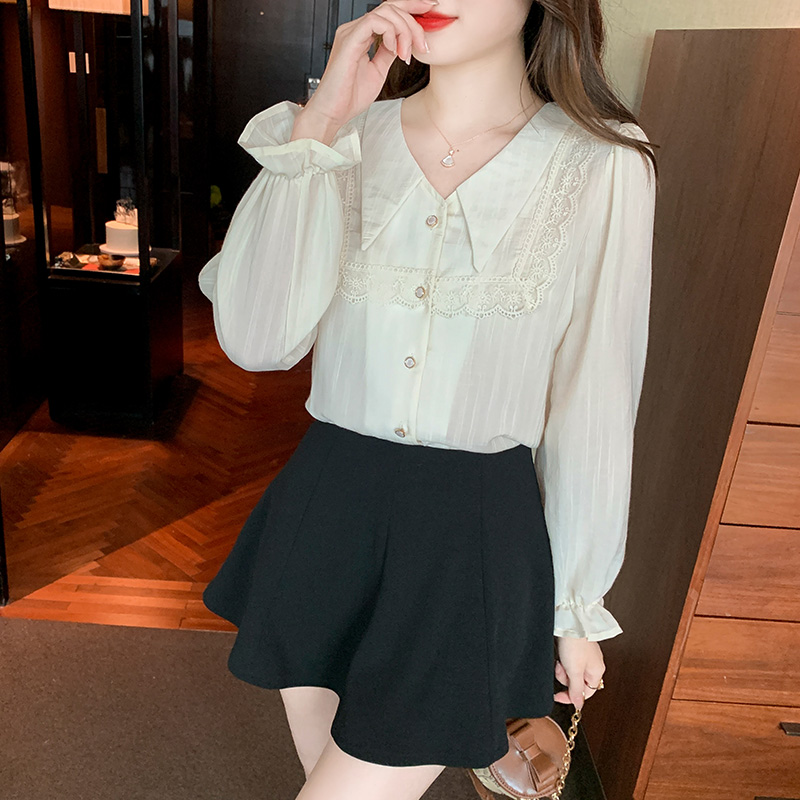 Autumn bottoming shirt pointed collar France style tops