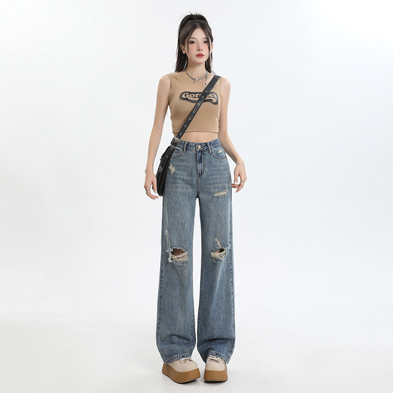 Denim holes long pants loose Korean style pants for women