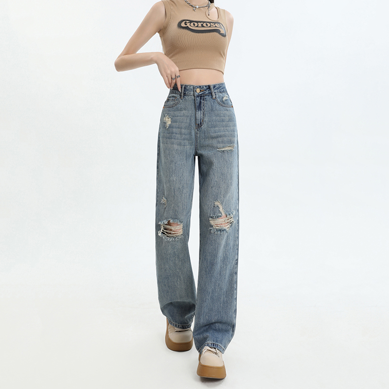 Denim holes long pants loose Korean style pants for women