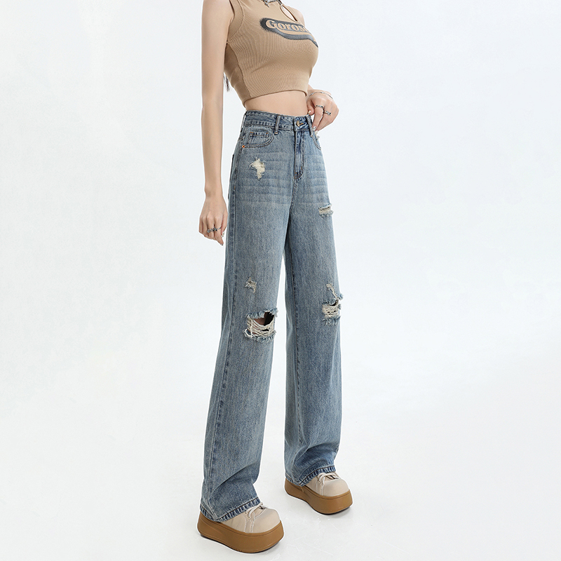 Denim holes long pants loose Korean style pants for women