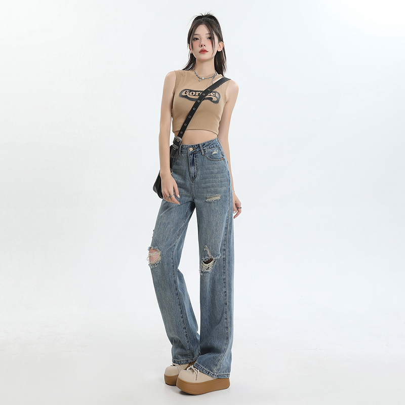 Denim holes long pants loose Korean style pants for women