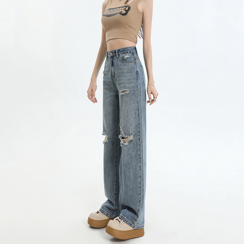 Denim holes long pants loose Korean style pants for women