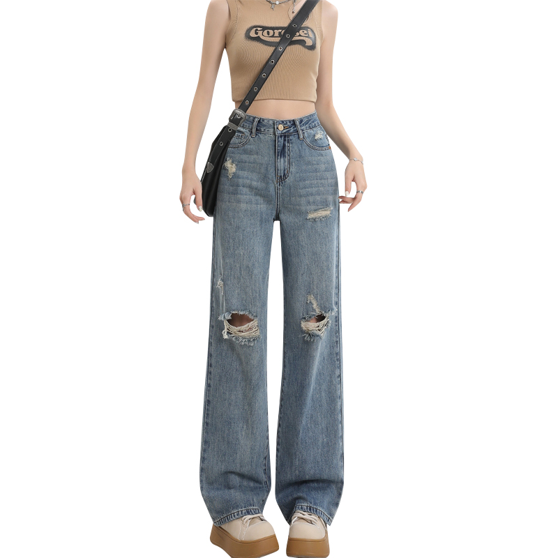 Denim holes long pants loose Korean style pants for women