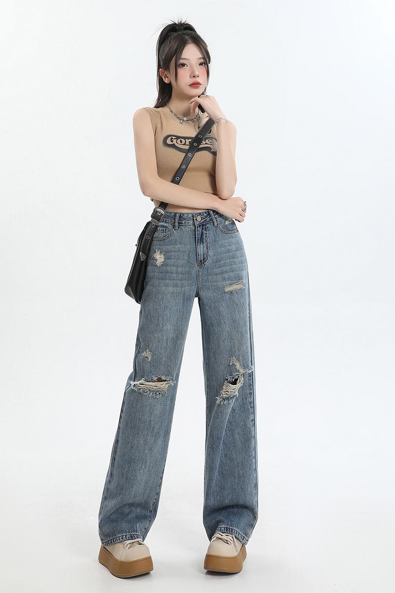 Denim holes long pants loose Korean style pants for women