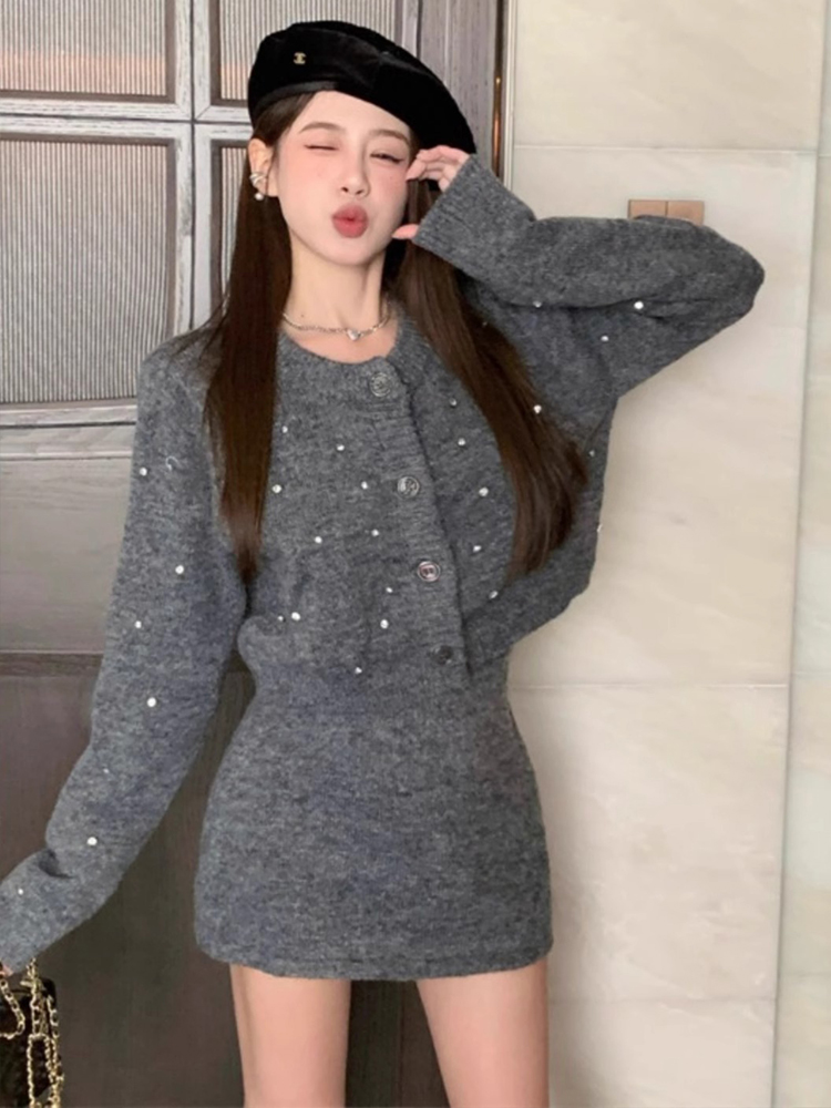 Rhinestone sweater skirt a set for women