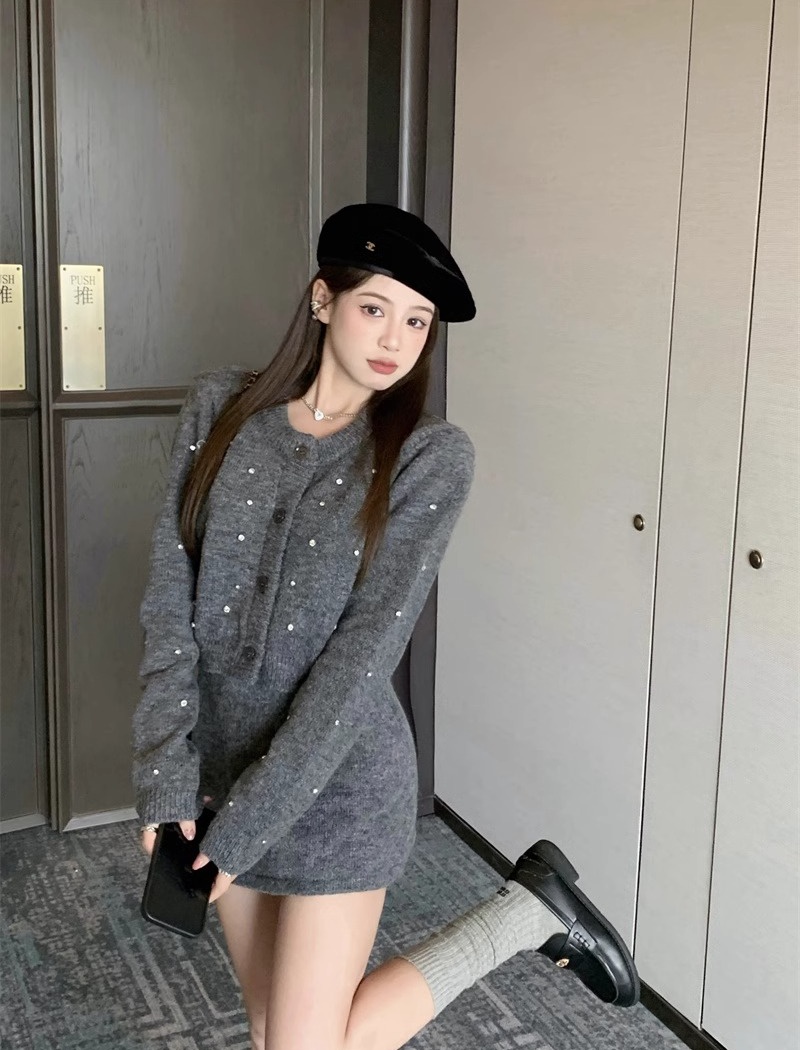 Rhinestone sweater skirt a set for women