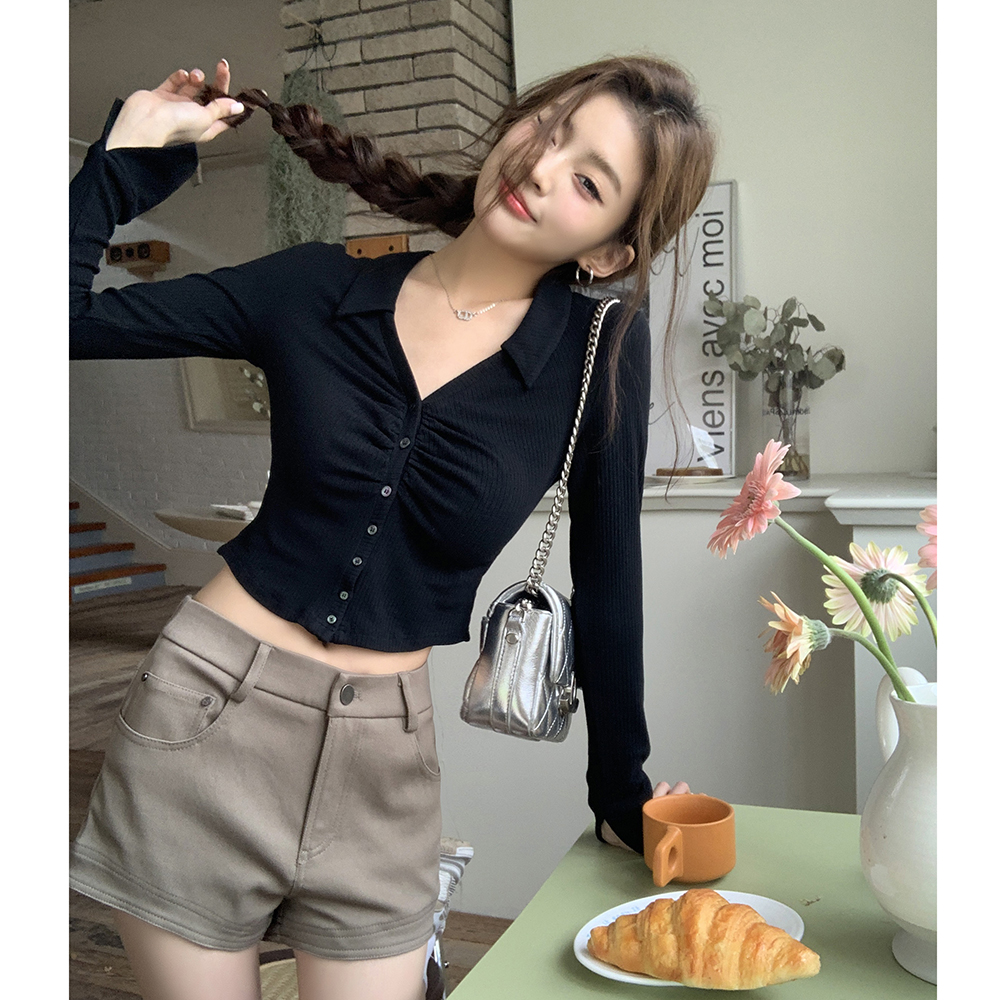 Sexy short pinched waist fold slim autumn spicegirl shirt