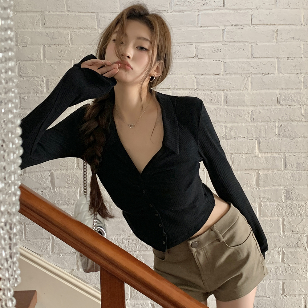 Sexy short pinched waist fold slim autumn spicegirl shirt