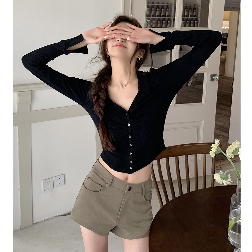 Sexy short pinched waist fold slim autumn spicegirl shirt