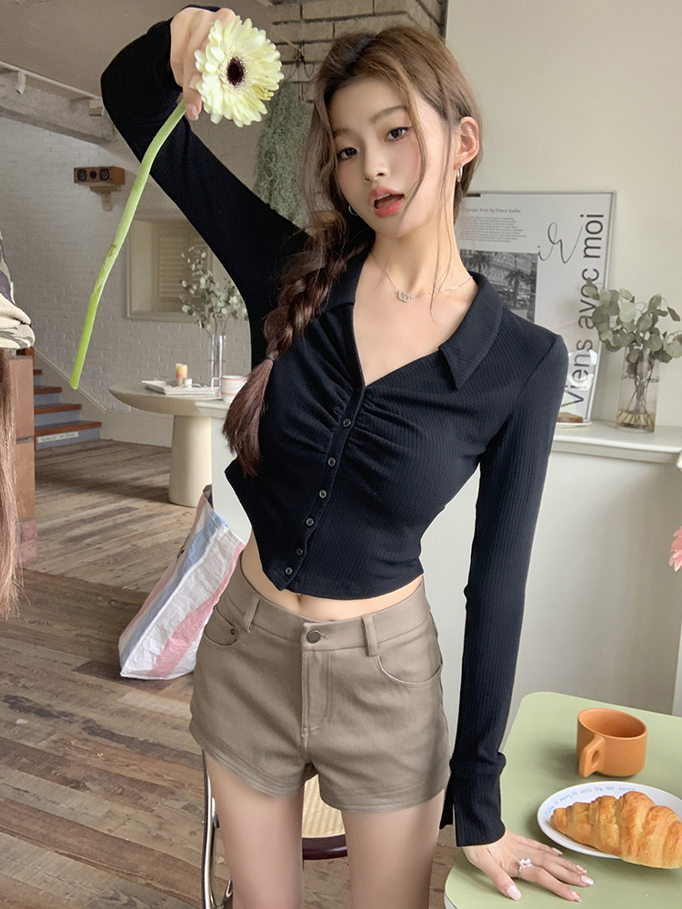 Sexy short pinched waist fold slim autumn spicegirl shirt