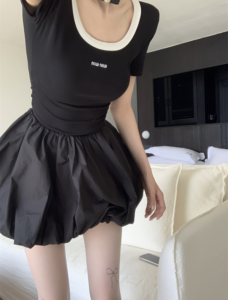 Slim short U-neck splice maiden dress