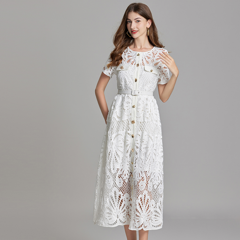 Lace pinched waist high waist big skirt dress