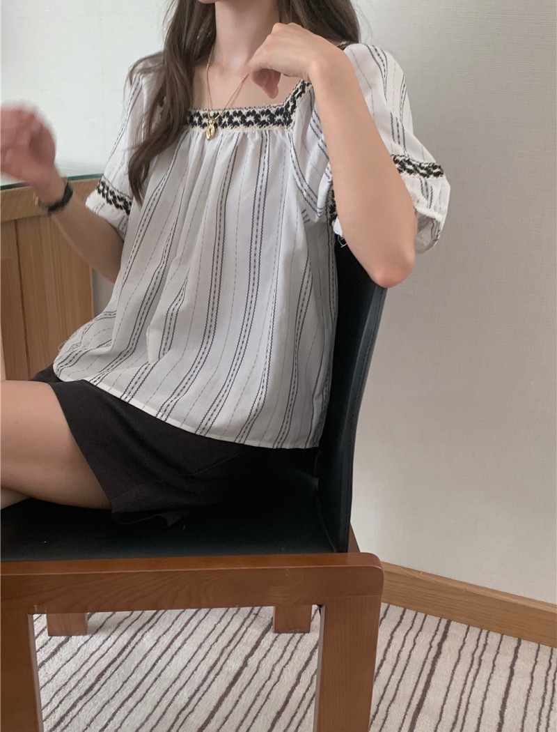 Splice pullover short sleeve retro square collar shirt