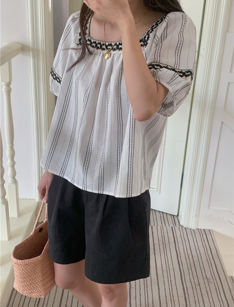 Splice pullover short sleeve retro square collar shirt