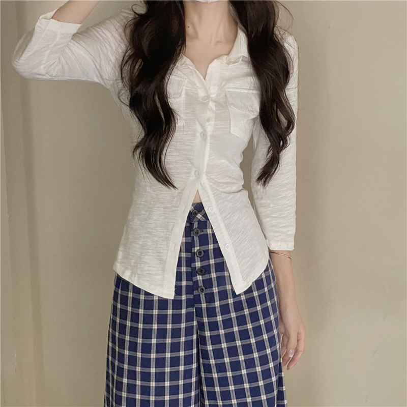 Lapel long sleeve shirt slim tops for women