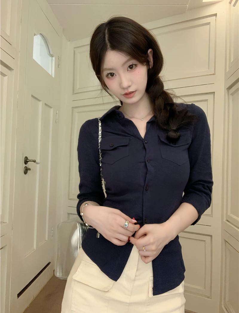 Lapel long sleeve shirt slim tops for women