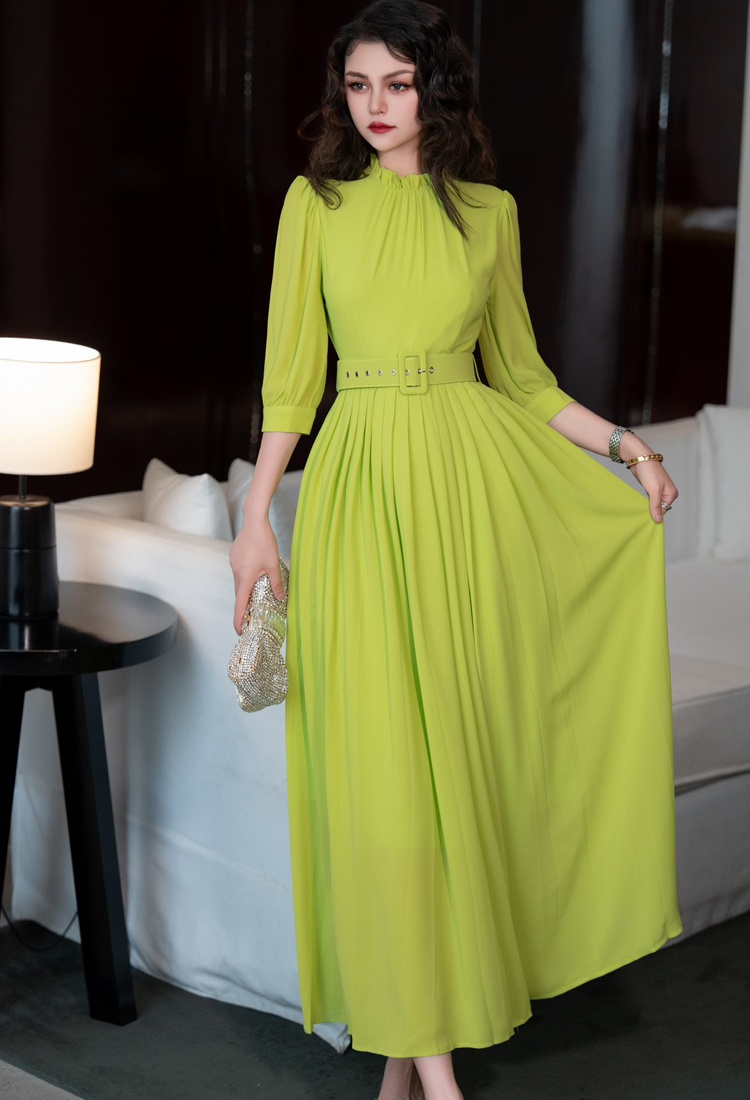 Pleated short sleeve formal dress slim dress for women