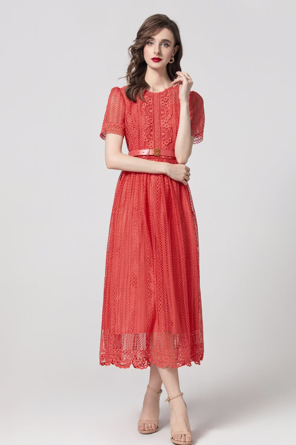 Short sleeve spring and summer watermelon-red dress for women