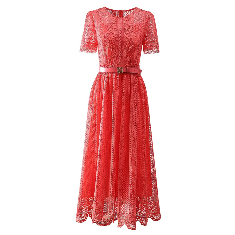 Short sleeve spring and summer watermelon-red dress for women